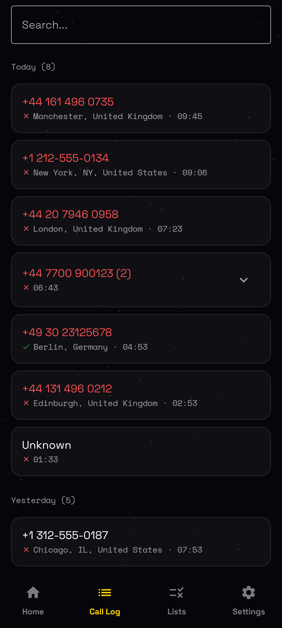 Call log with number, city, and outcome for every screened call