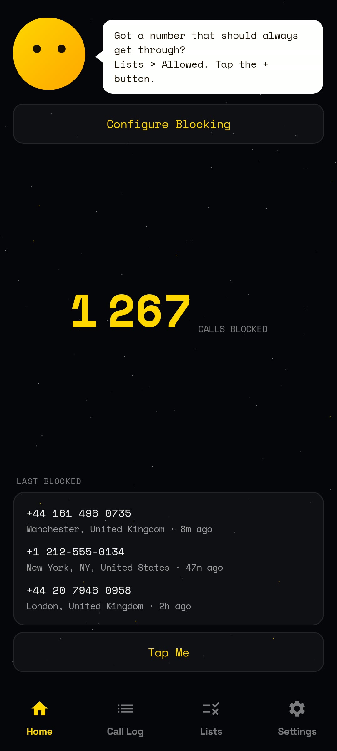 Dashboard with total calls blocked and last blocked numbers