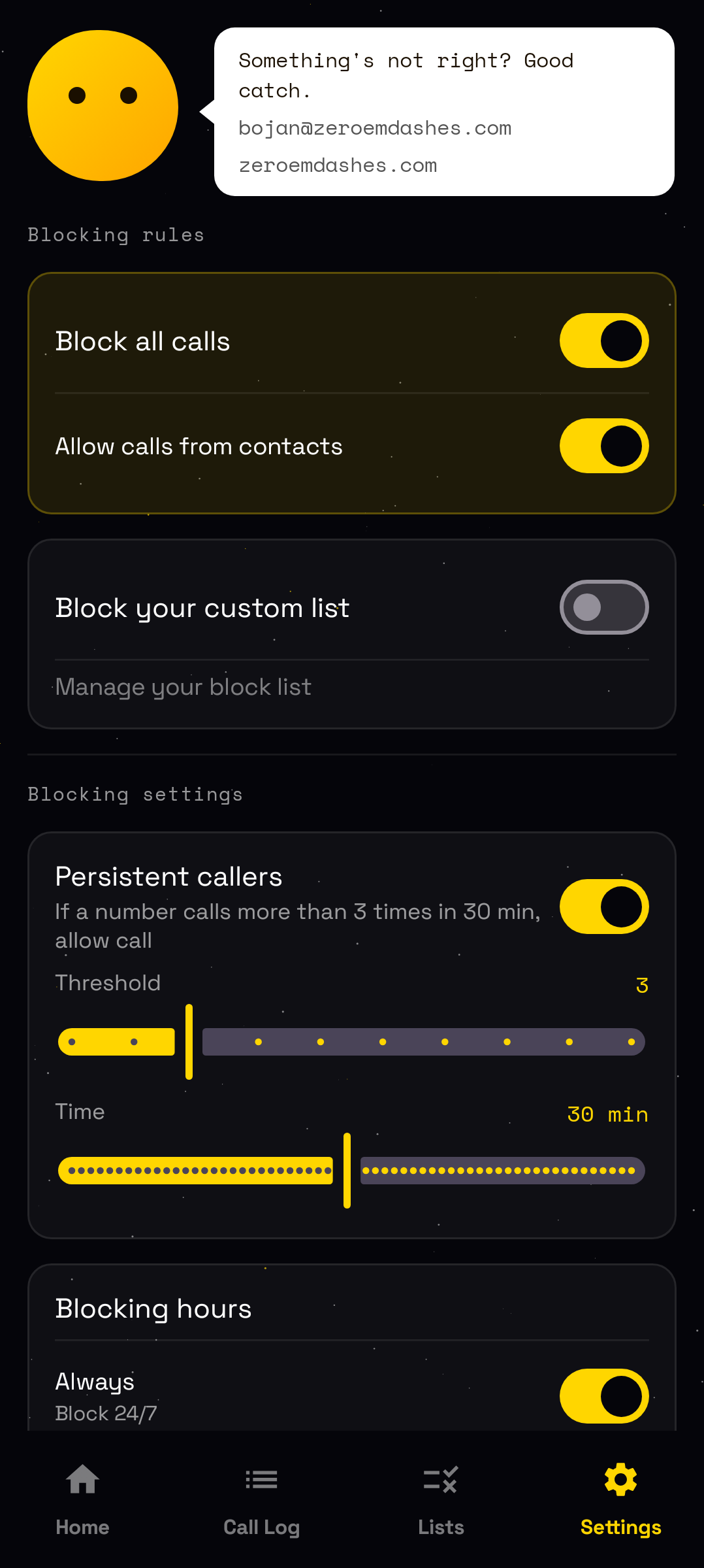 Settings with blocking mode, hours, and persistent caller rules