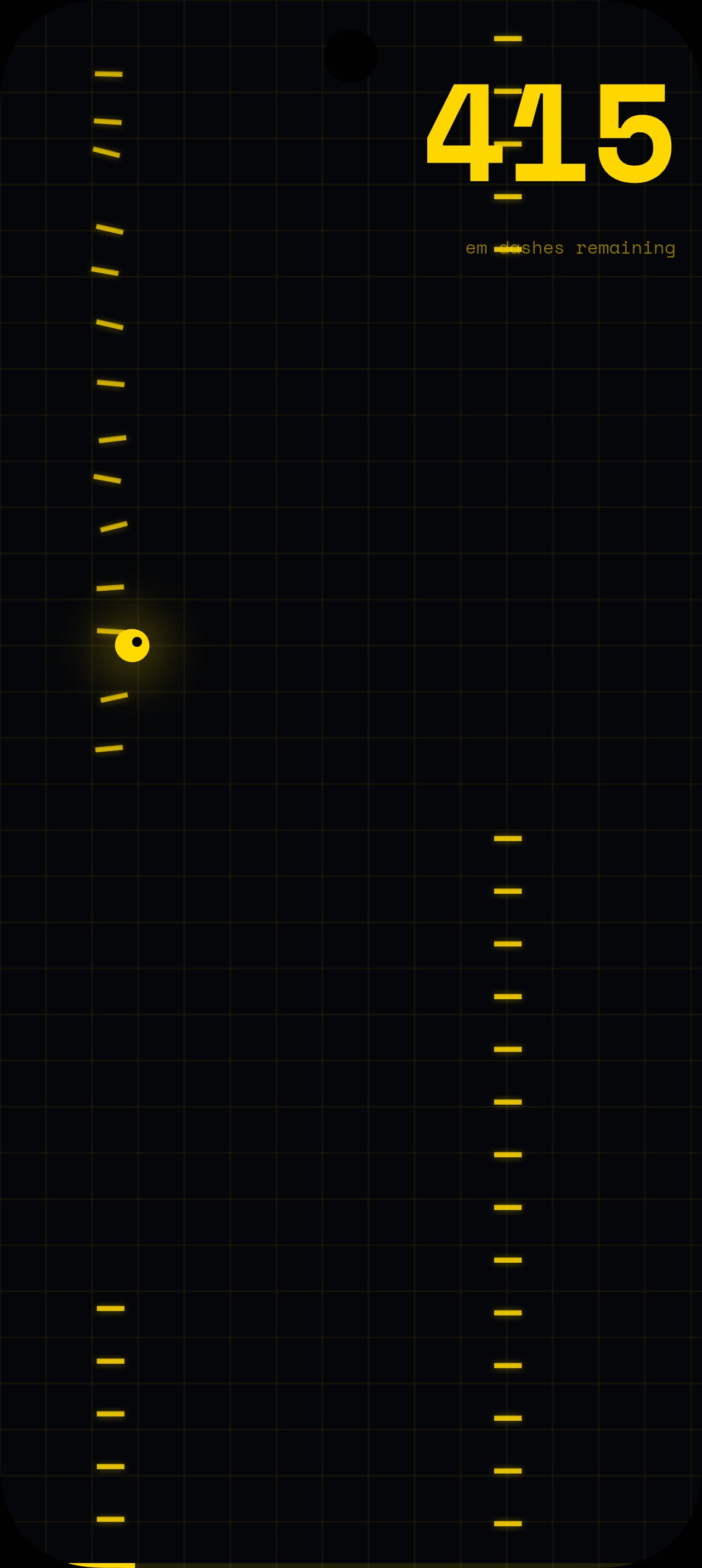 Gameplay close-up of a narrow gap between em dash columns