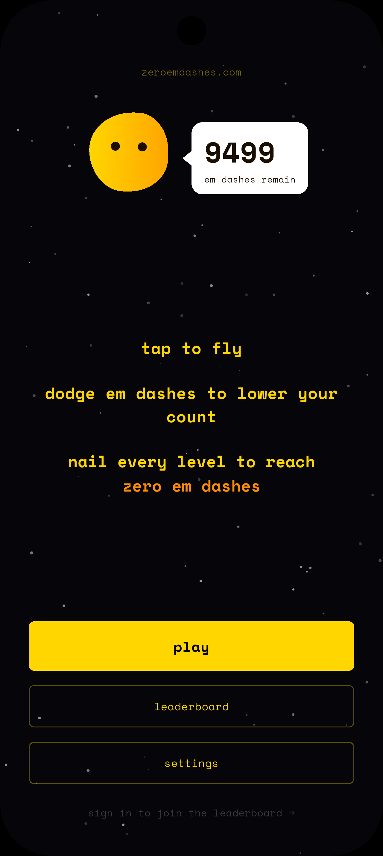 Home screen with the global em dash count