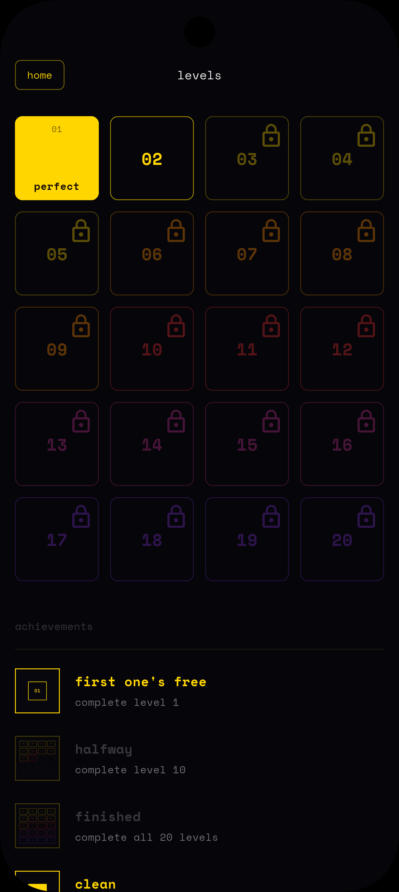 Level select grid with 20 hand-crafted levels