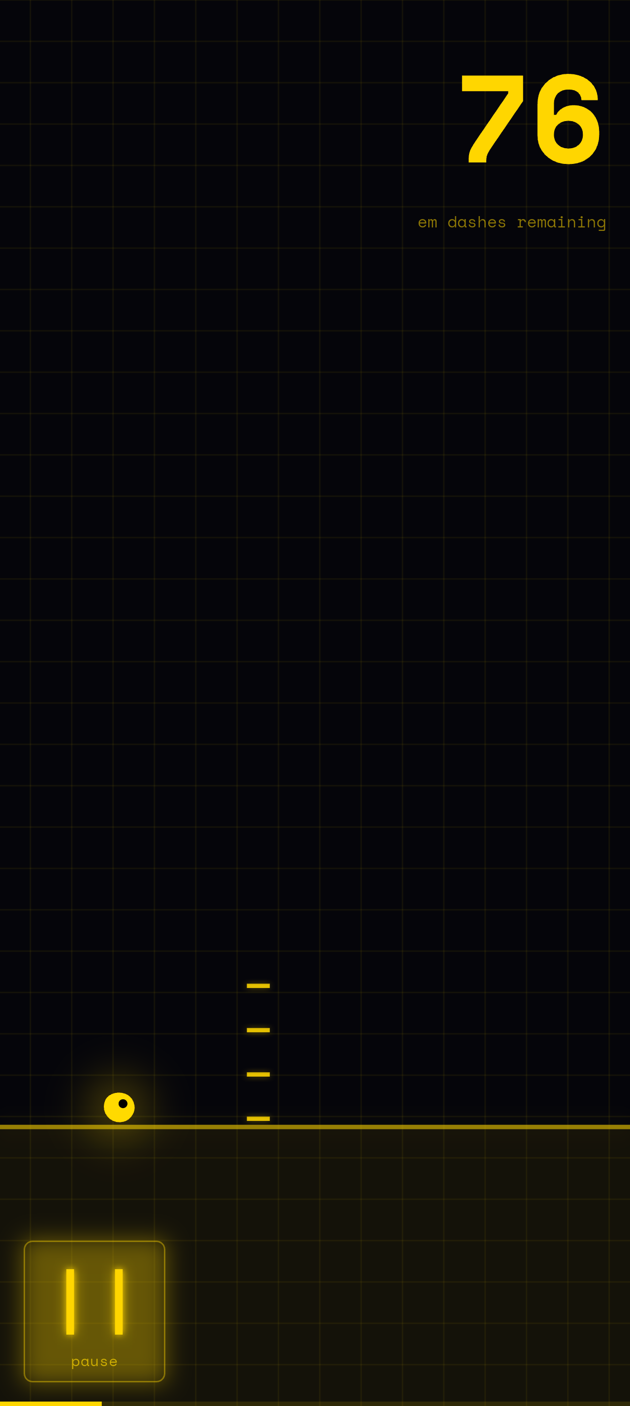 Gameplay: Snark running toward a column of em dashes, 76 remaining