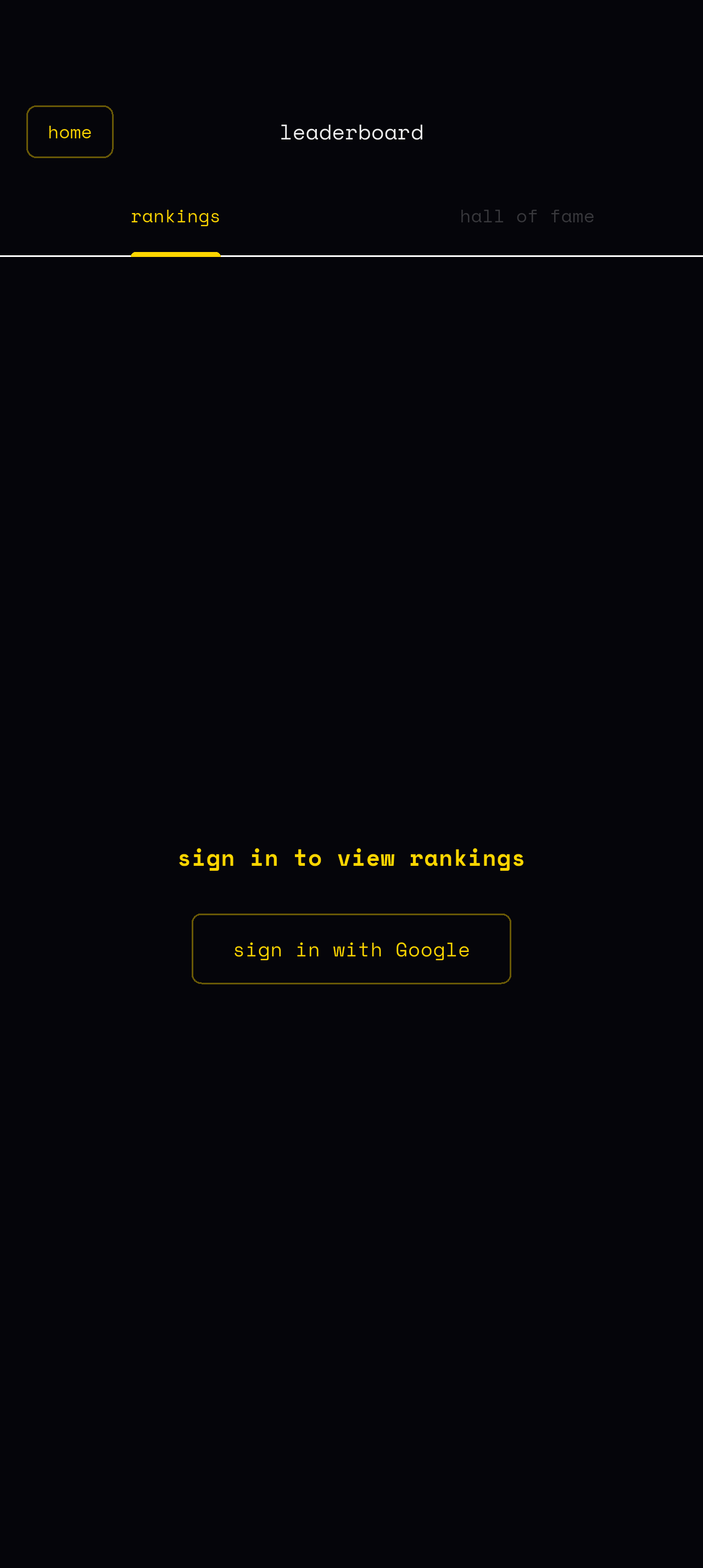 Leaderboard screen with rankings and hall of fame tabs