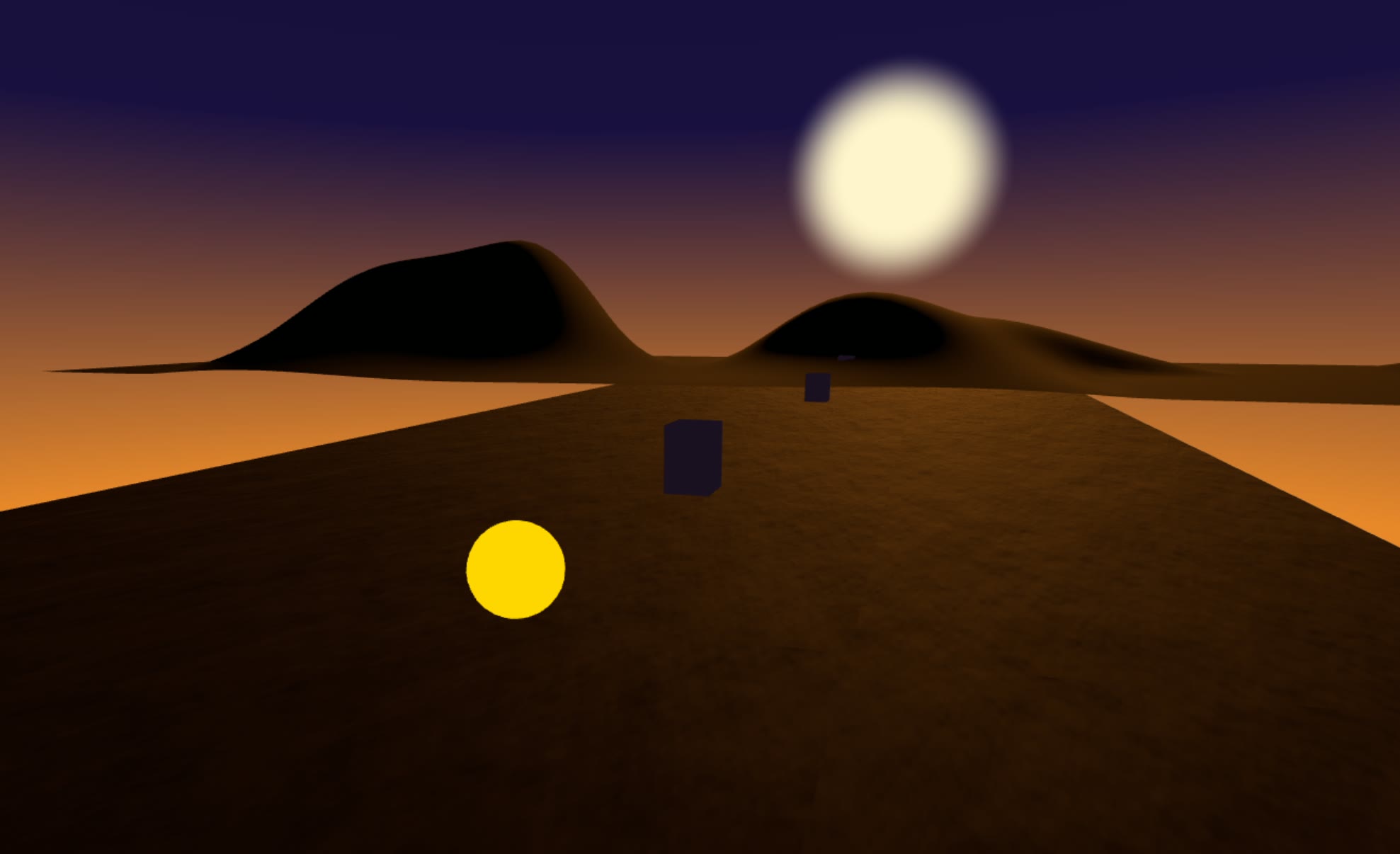 The first Snark Runner prototype: a yellow ball, grey boxes for obstacles, and a bare dune horizon