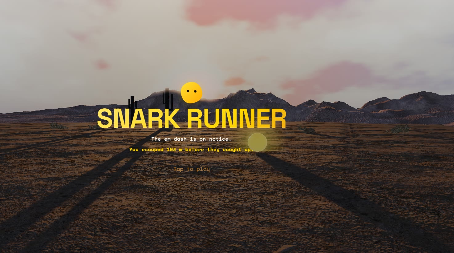 Title screen: Snark over a dusk desert horizon, with the last run's distance below the title