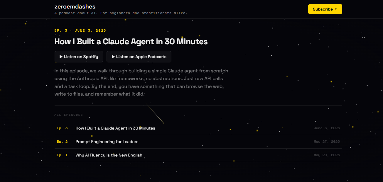 The same site after the style prompt: dark background, yellow accents, starfield, monospace fonts. Completely transformed.