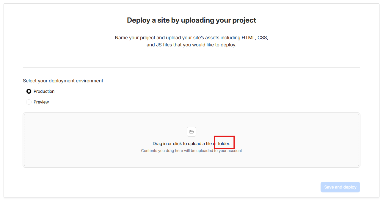 Cloudflare Pages upload screen showing the drag and drop area for files or folders