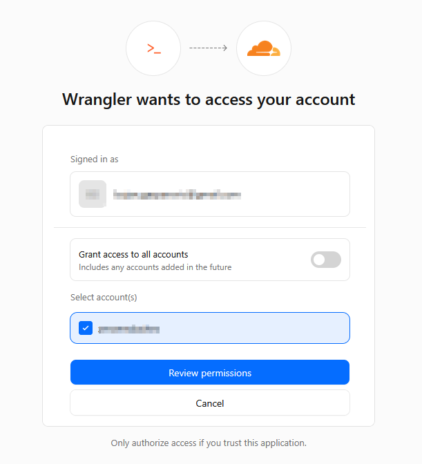 Wrangler authorization page in the browser showing account selection and Review permissions button