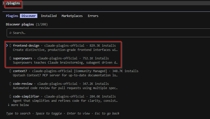 Claude Code plugins browser showing frontend-design and superpowers in the discover tab