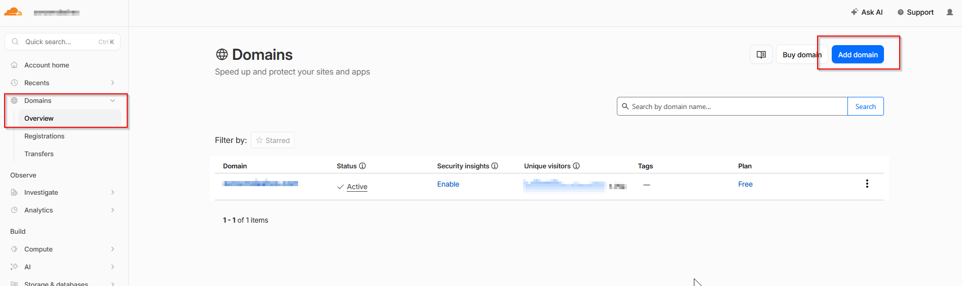 Cloudflare Domains overview page with Domains highlighted in the left nav and the Add domain button highlighted top right