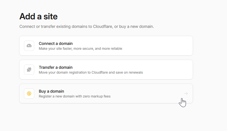 Cloudflare Add a site screen showing Connect, Transfer, and Buy a domain options with the cursor on Buy a domain