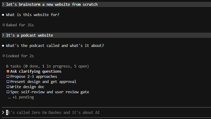 Claude Code mid-brainstorm session showing Claude asking questions and the user answering in plain language