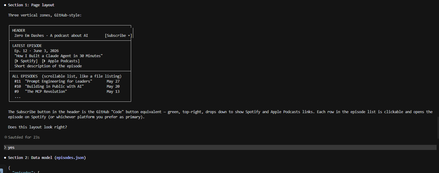 Claude presenting the page layout as an ASCII wireframe and asking if it looks right before moving to the next section