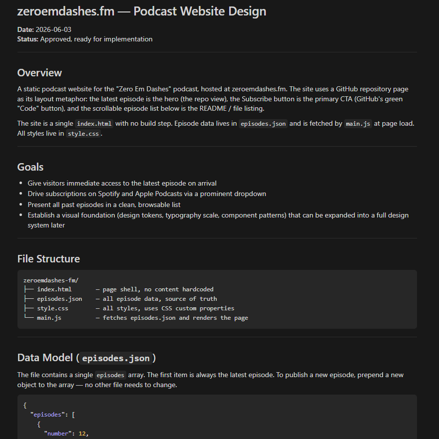 The finished design document showing Overview, Goals, File Structure, and Data Model sections